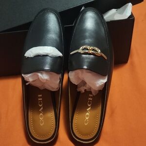 Coach Black Leather Loafers with Gold Accent